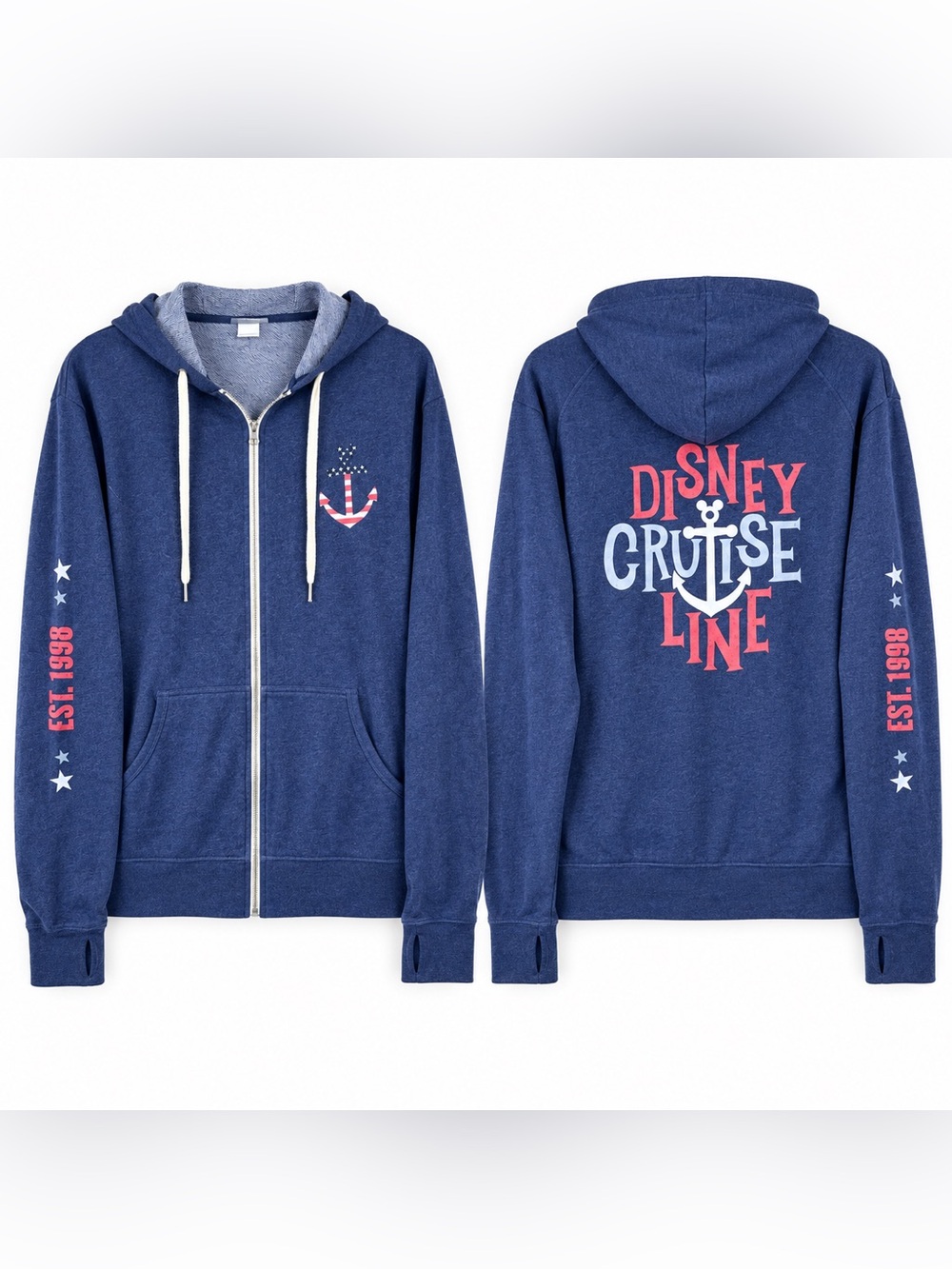 Disney Cruise Line Hoodie Large Navy Full Zip Mickey Anchor Stars Thumbholes